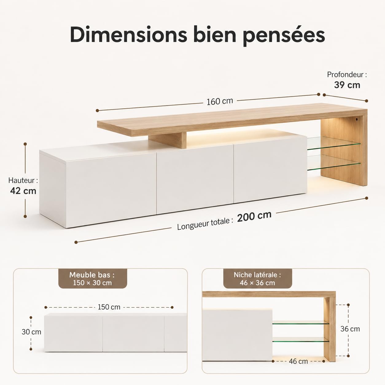 Mueble de TV moderno con luces LED variables, mueble de TV con 3 puertas y estantes de cristal, marco de madera, mesa de TV para salón (blanco, 200 x 39 x 42)