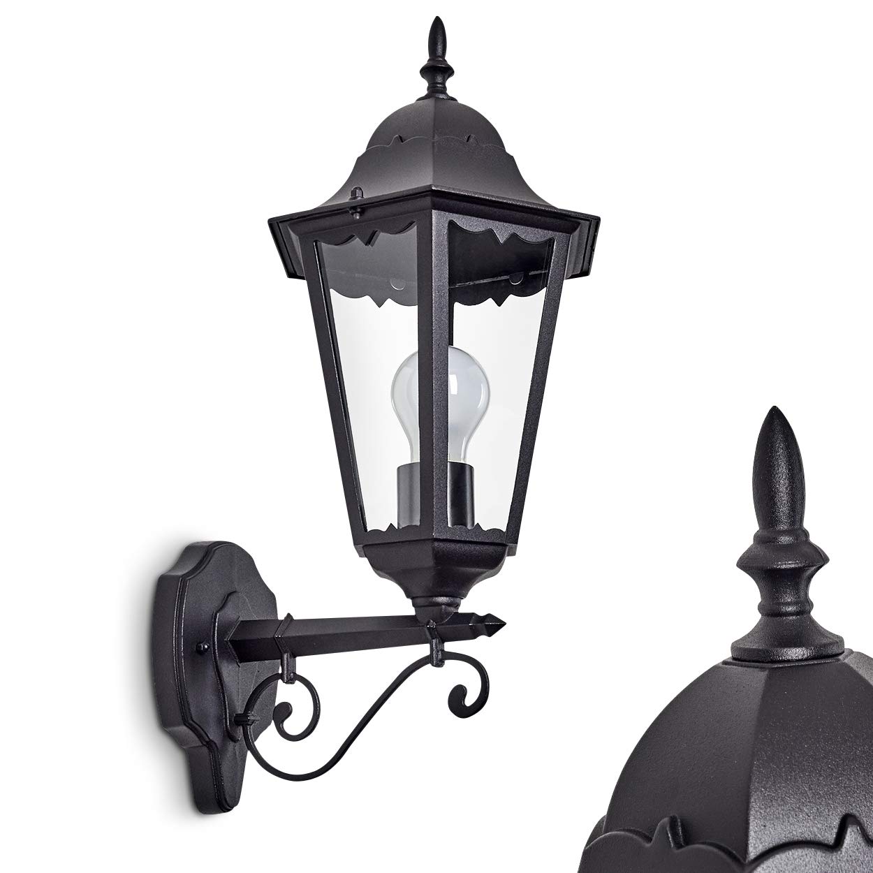 Outdoor Wall Light Hongkong in Black Metal, with an E27 Socket, max. 100 Watt, and Protection Class IP44, lamppost for The Garden in Retro/Vintage Look, Suitable for LED Bulbs