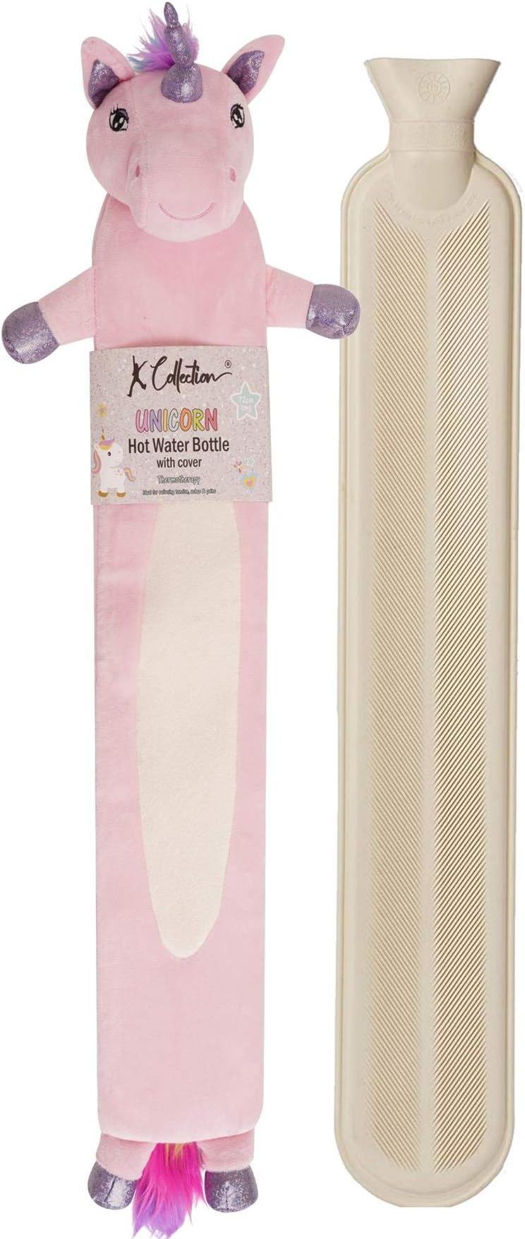 Extra Long Hot Water Bottle – Super Soft Novelty Plush Cover – Natural Rubber 2L Capacity – 72cm Long – Perfect for Pain Relief on Aches or Injuries (Unicorn)