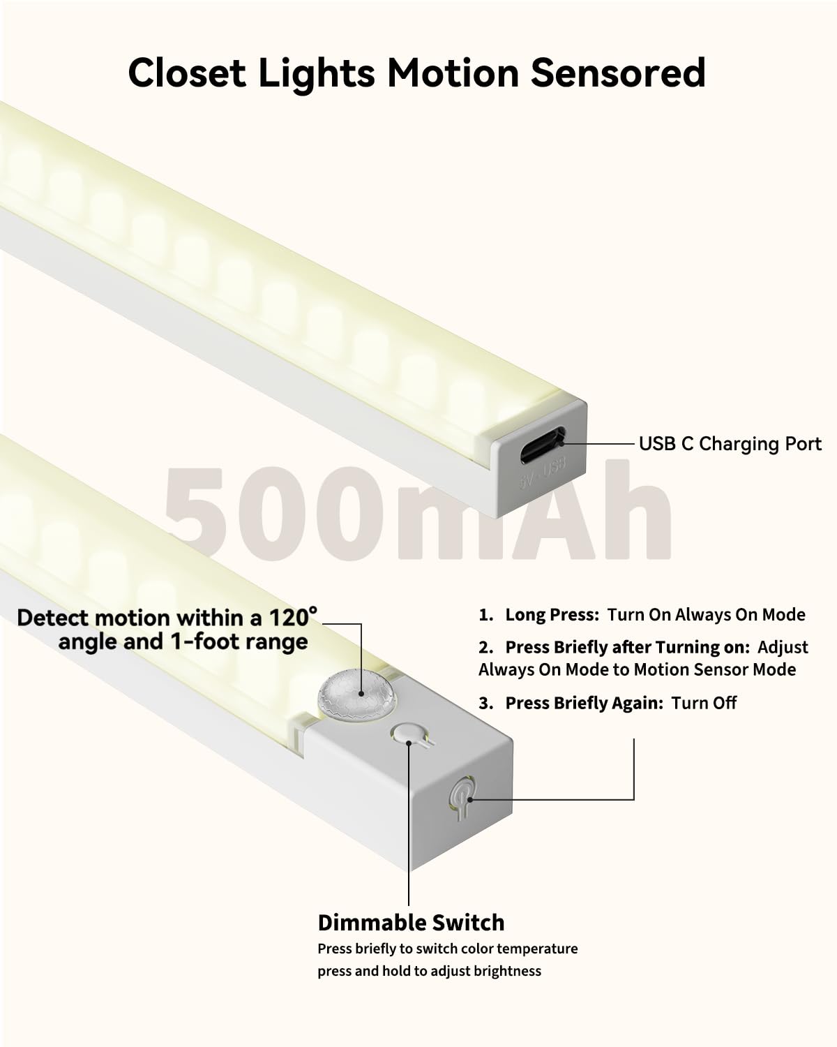 6-Pack 8-Inch Under Cabinet Lighting with Charging Station Rechargeable Motion Sensor Light Indoor 3 Color Dimmable Closet Light USB LED Magnetic Wireless Under Counter Lights for Kitchen Stair - 4