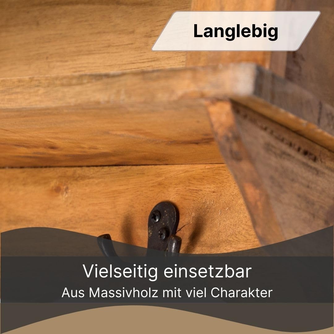 DESIGN DELIGHTS WANDREGAL Country | Mahagoni Holz, 3 Etagen, 68 cm, mit Haken | Wandschrank, Küchenregal, Hängeregal, Holzregal