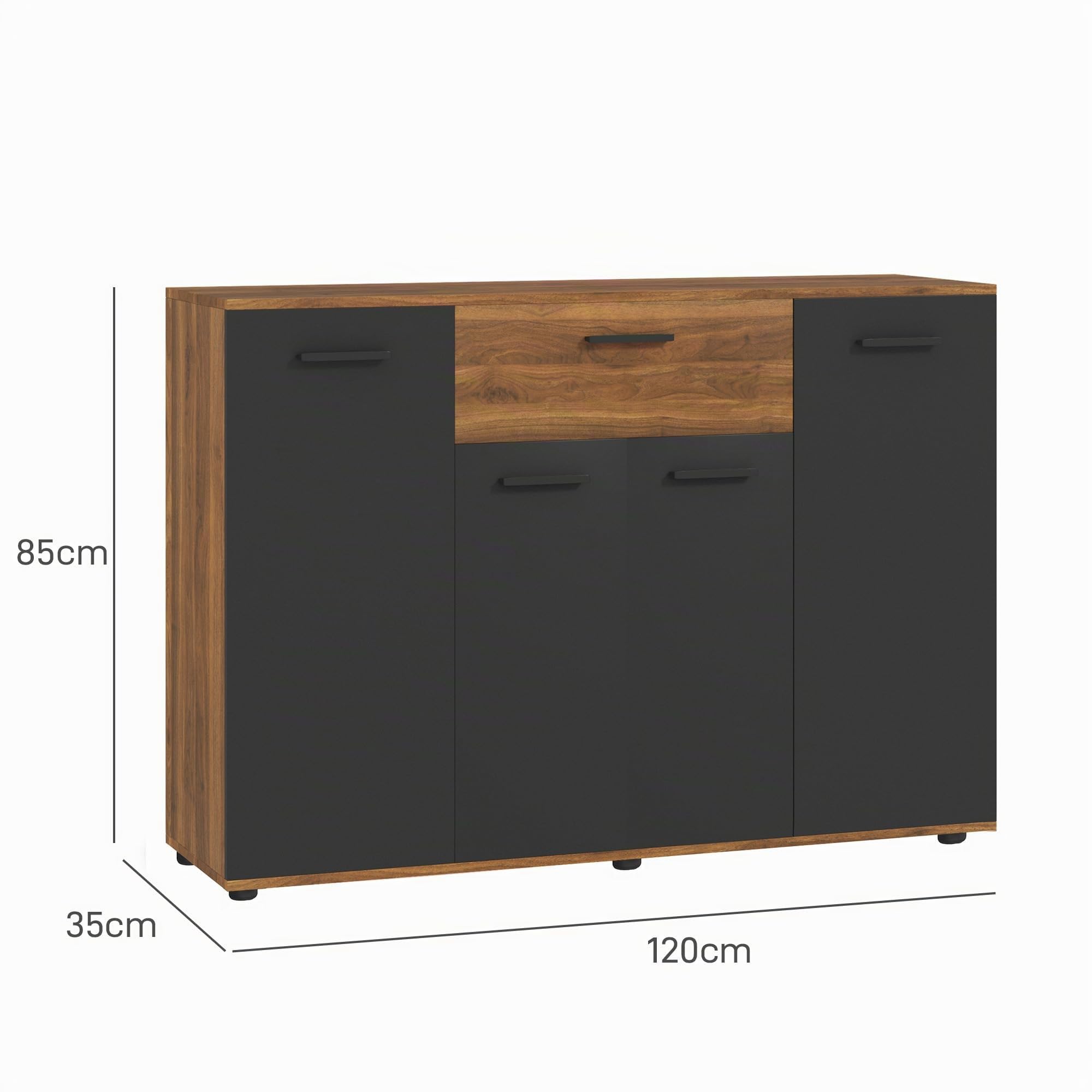 HOMCOM Aparador de Almacenamiento 120x35x85cm Marrón y Negro | 4 armarios, cajones, estantes ajustables, mueble de comedor