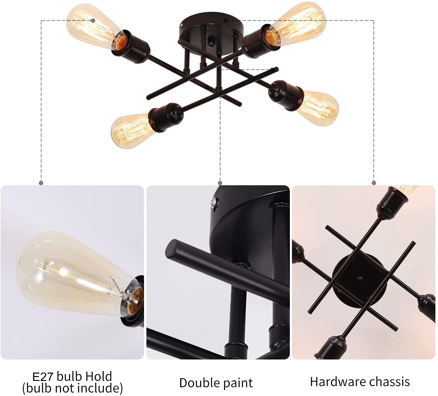 Qcyuui Lampada da Soffitto Vintage, Sputnik Lampadario 4 Bracci Industriale da Lampada a Sospensione Moderna in Metallo con Supporto E27 Verniciato Nero per Soggiorno Loft Cucina