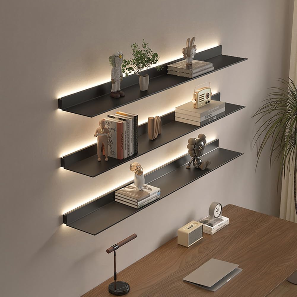 Scaffali Flottanti A Parete Con Luce A LED, Scaffali Illuminati Montati In Metallo Per Piano Di Lavoro E Bagno, Scaffali Di Stoccaggio A Emissione Di Luce Per L'arredamento Domestico (Dimenta:80x23cm,