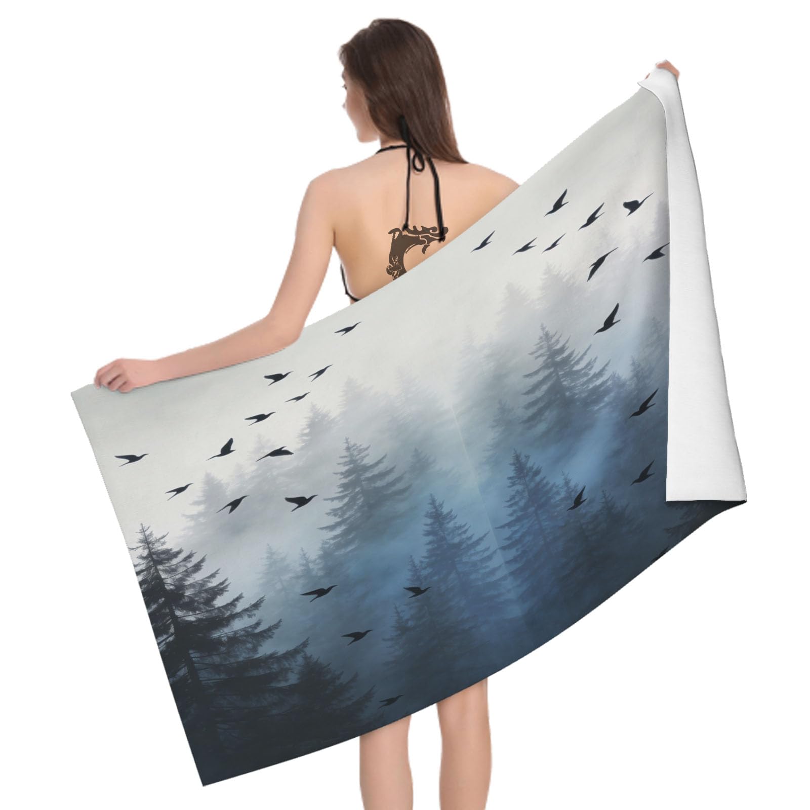 Leichong 3D Misty Forest Beach Towel Microfiber Soft Quick Dry for Adults, Nature Scene Bath Towel Lightweight Soft Absorbent for Travel Swimming Pool Sports, 75 x 150 cm