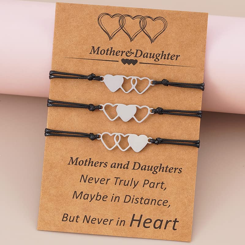 Image of YALLNASL Matching Bracelets for Mom and Daughter Set of 3, Mother Daughter Heart Bracelets for Mom Daughter Bracelet Set for Mama Mommy 2 Daughter Graduation Christmas Gifts