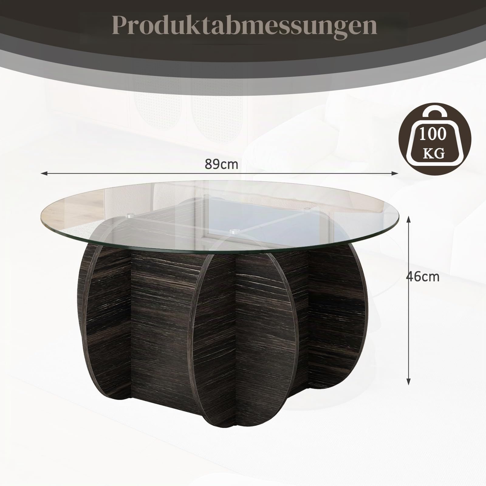 LIFEZEAL Runder Couchtisch Glas, Wohnzimmertisch mit Glasplatte, Moderner Beistelltisch mit Holzbeinen, Dekorativer Sofatisch für kleine Räume, Büro, Zuhause (Schwarz, 89 x 46 cm)