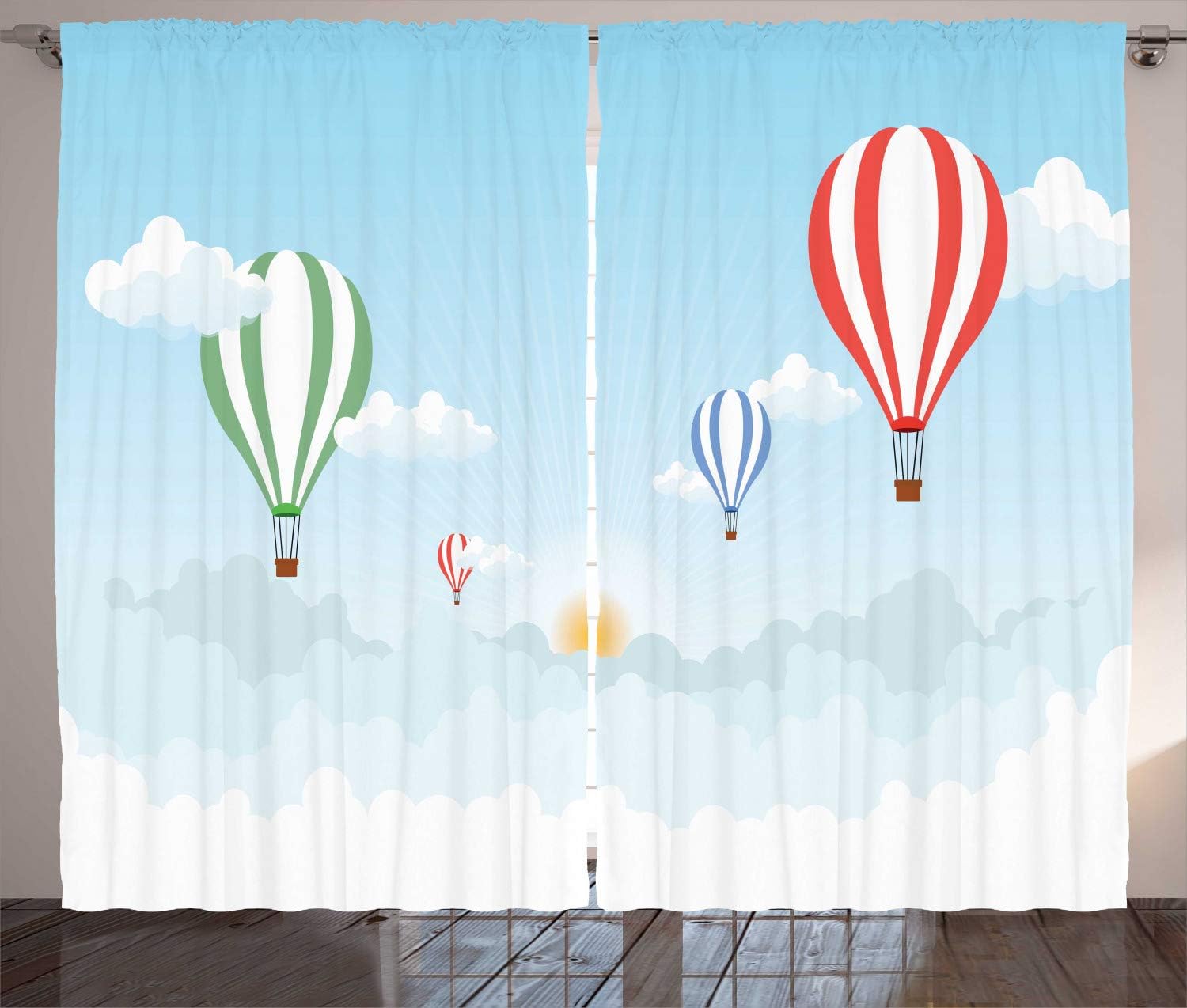 Hot Air Balloon Curtains, Over the Clouds Vehicles Air Transport Sunrays Illustration, Living Room Bedroom Window Drapes 2 Panel Set, 96 L X 110 W, Pale Blue and Multicolor