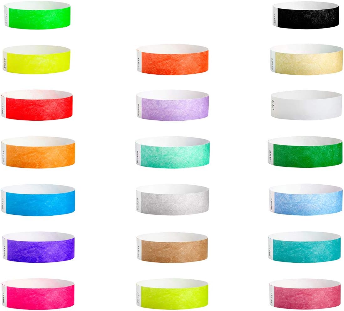 WristcoTop 20 Variety Pack 10000 Ct Tyvek 3/4 Inch Wristbands - Green Blue Red Yellow Pink Orange Purple White Kelly Sky Caribbean Cranberry Lime Mocha Gold Silver Aqua Berry Black Coral