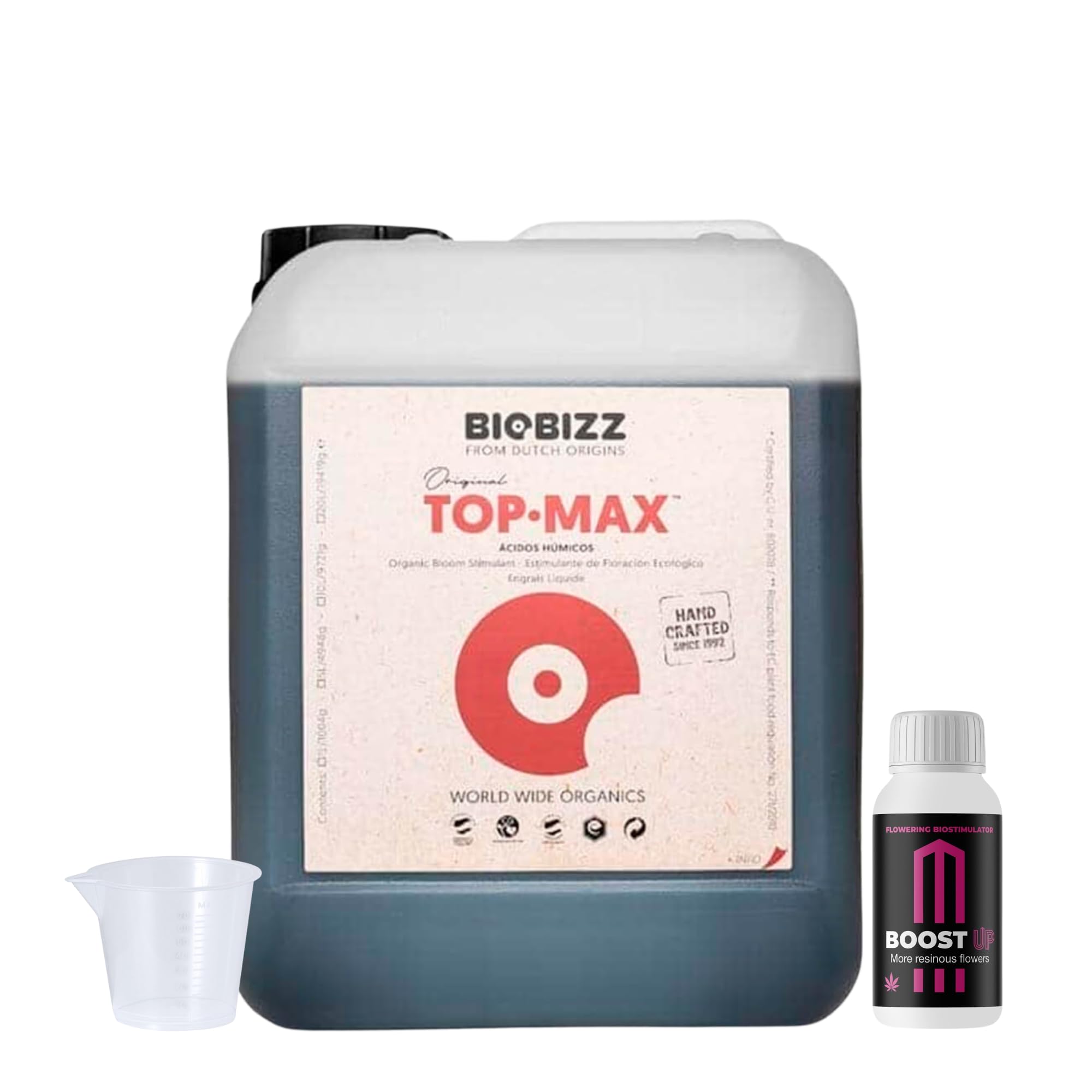 GROWMANIA Top Max de BioBizz 10L + Muestra Boost Up de Up Nutrients + Vaso Medidor | Fertilizante de Floración para Agricultura a Gran Escala | Potenciador de Floración y Fructificación