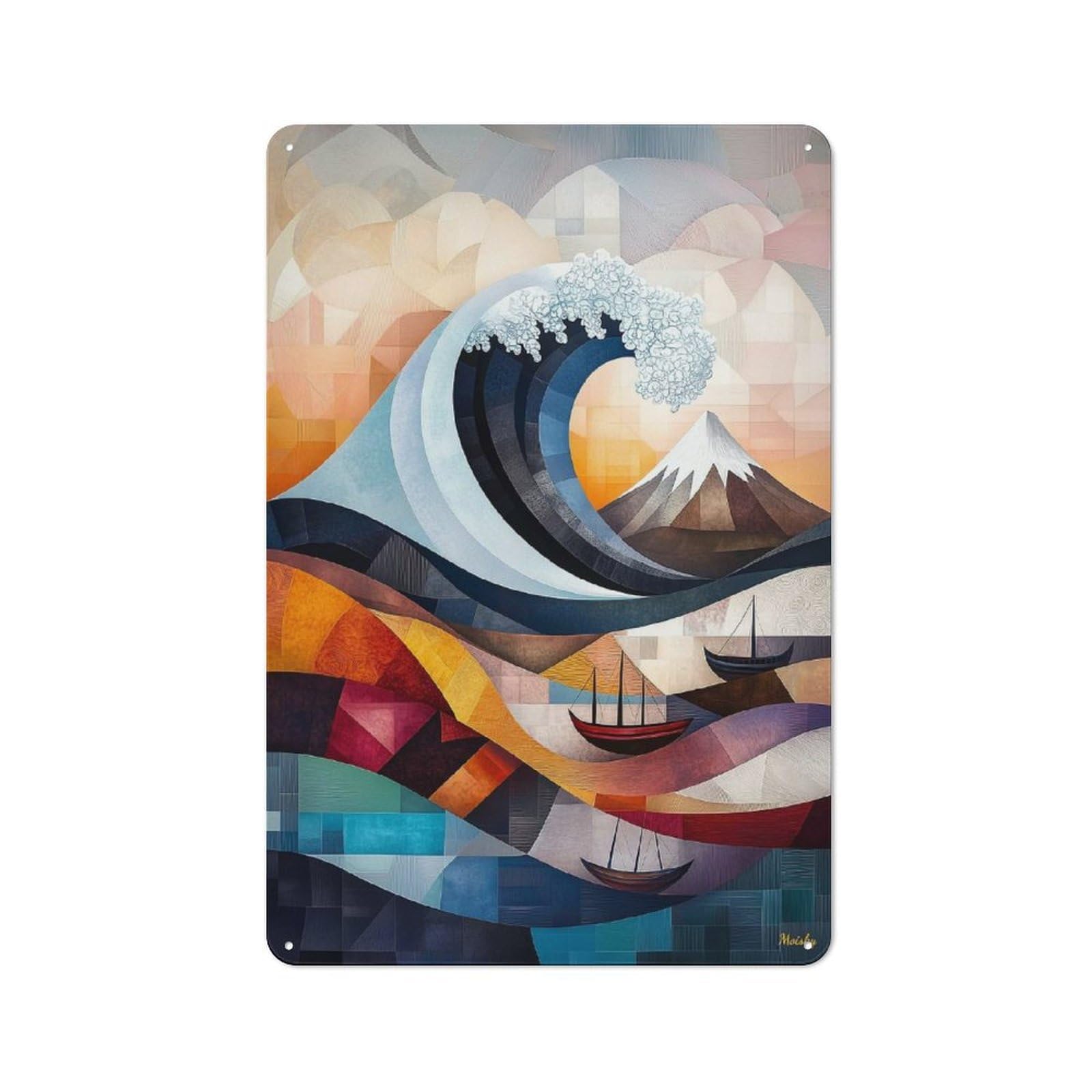 Junmoney Modern Cubist Vision Of The Great Wave Of Kan Tin Wall Plaque 30X20cm With Agawa For Hobby Room Or Studio, For Home Interiors, Feature Walls And Decorative Displays