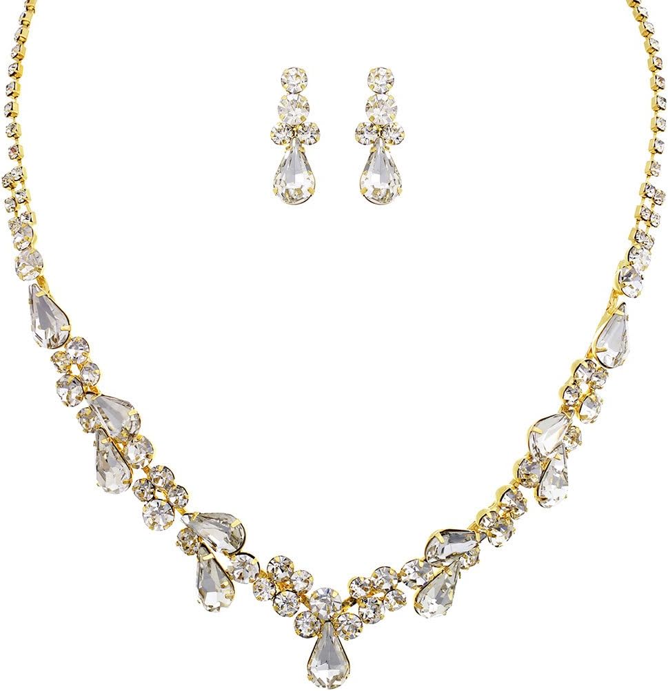 Rosemarie Collections Women's Stunning Rhinestone Crystal Teardrop Statement Necklace Hypoallergenic Drop Earrings Set, 15"+6" Extender