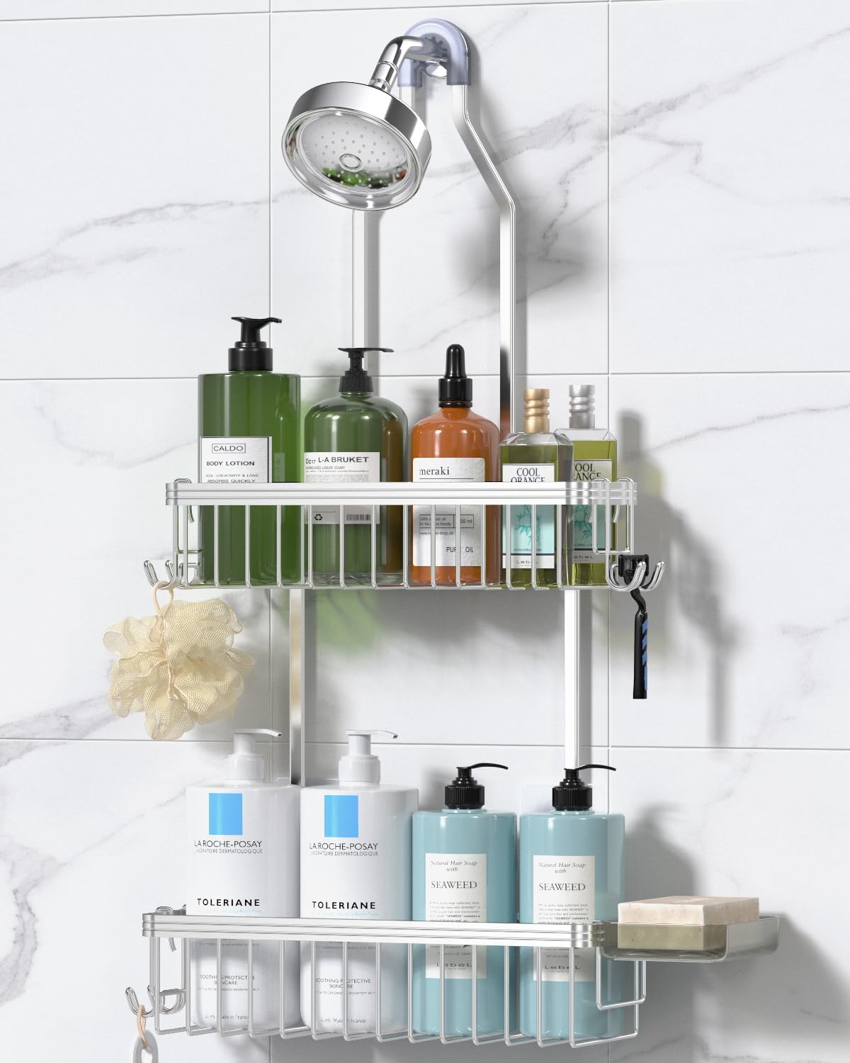 Photo 1 of YASONIC Never Rust Shower Caddy Hanging, Aluminum Shower Racks for Inside Shower, 2-Tier Shower Organizer Hanging Over Shower Head with Hooks and Soap Holder, Silver