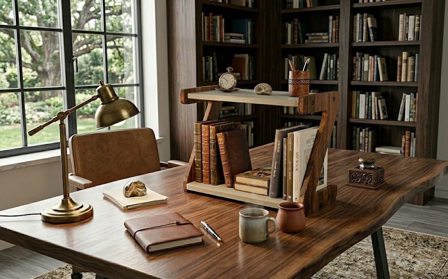 Wooden Counter Top Z-Shaped Study Rack, Desktop Bookshelf with Upper Shelf, Home Office Organiser-image-36