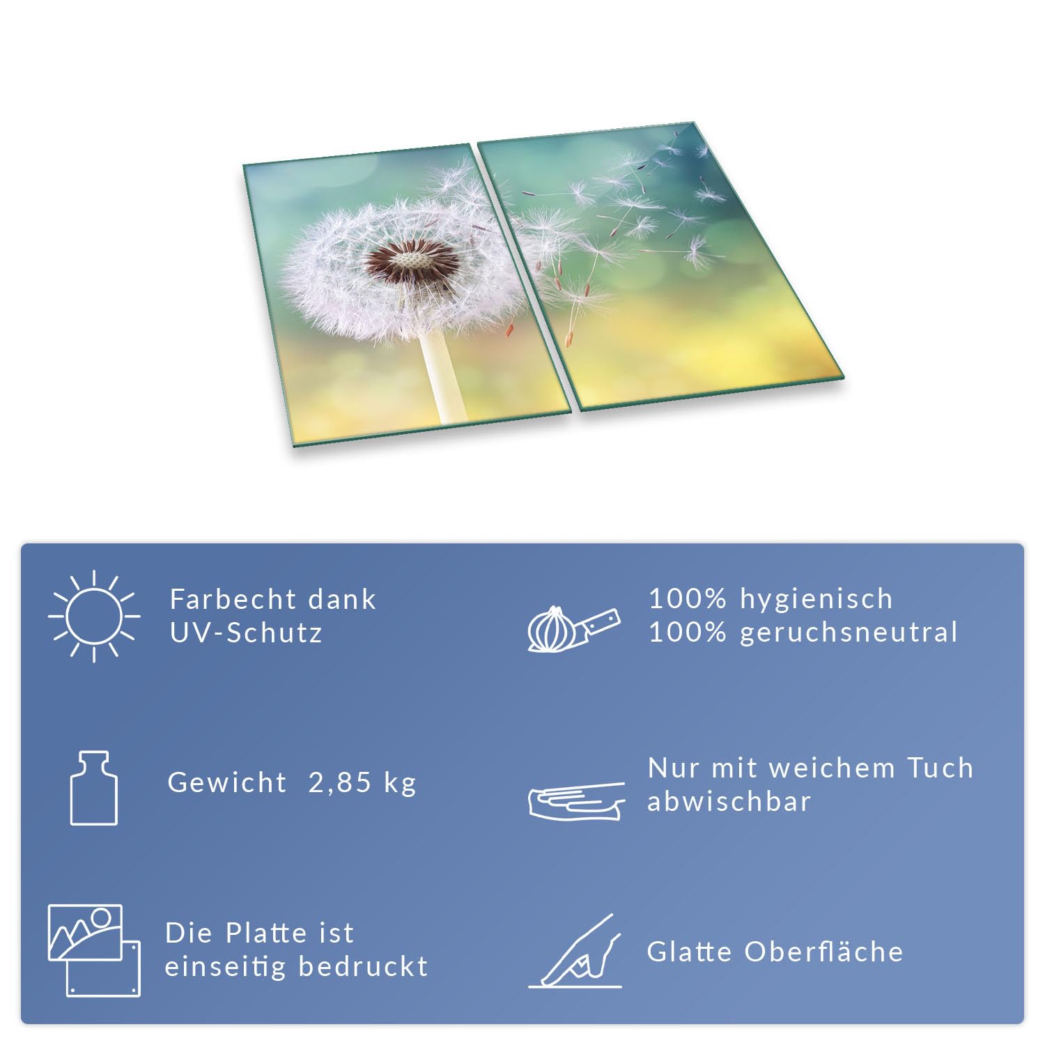 Herdabdeckplatte Abdeckung Ceranfeld Abdeckplatte Schneidebrett 2-Teilig 60x52 Pusteblume Weiss Mehrfarbig Spritzschutz Glasplatte Ceranfeldabdeckung Sicherheitsglas Glasschneidebrett 2x30x52