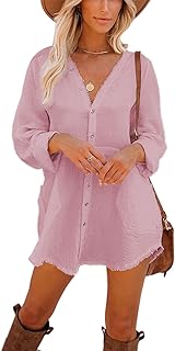 iGENJUN Women's Long Sleeve Beach Cover-ups Button Down Oversized Tunic Dress Shirt Boho Dresses with Pockets