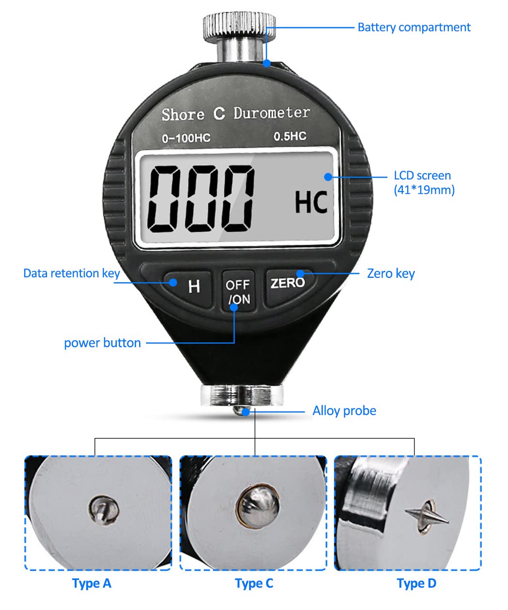 Maizoon Shore C Testeur de Dureté Avec écran LCD 0-100 HC Outil de Test pour Pneus Plastique Caoutchouc Cuir NE10C
