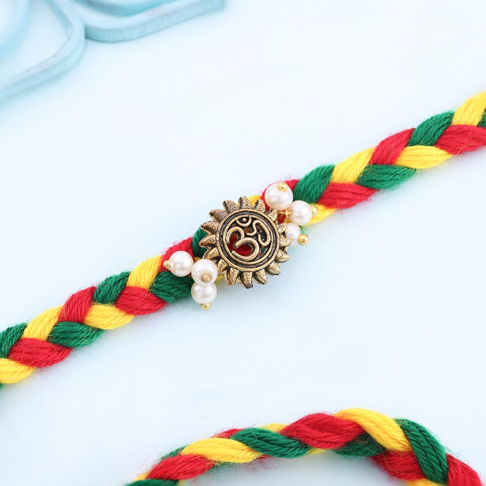 Floweraura Raksha Bandhan Celebrations Handcrafted Divine Antique Gold Om Surya Pearl Rakhi - Rakhi Set for Brother | Bhai | Kids | Boy | Cousins | Rakshabandhan Gift Set