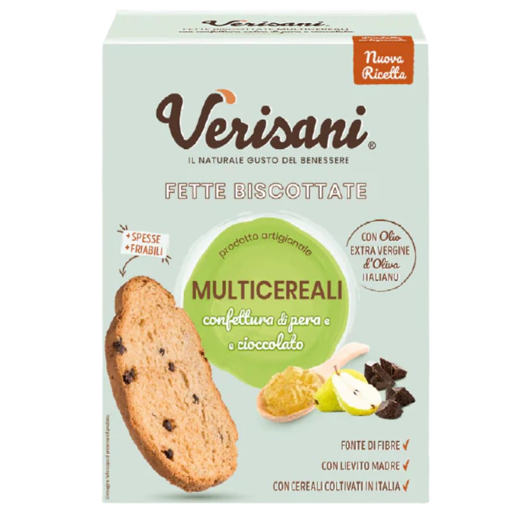 Verisani | Fette Biscottate Multicereale, Cioccolato e Pera | Cartone X10 (10×200 g) | Doppia Cottura | Olio Extravergine d’Oliva | Senza Palma