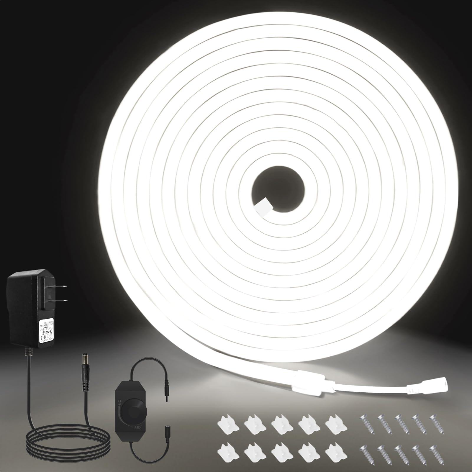 MMEEVT Neon LED Strip Lights, 16.4ft/5m Cool White Neon Light Strip,24V Dimmable Waterproof LED Lights, Flexible Neon Lights for Bedroom Kitchen Indoor Outdoor Decoration (Power Adapter Included)