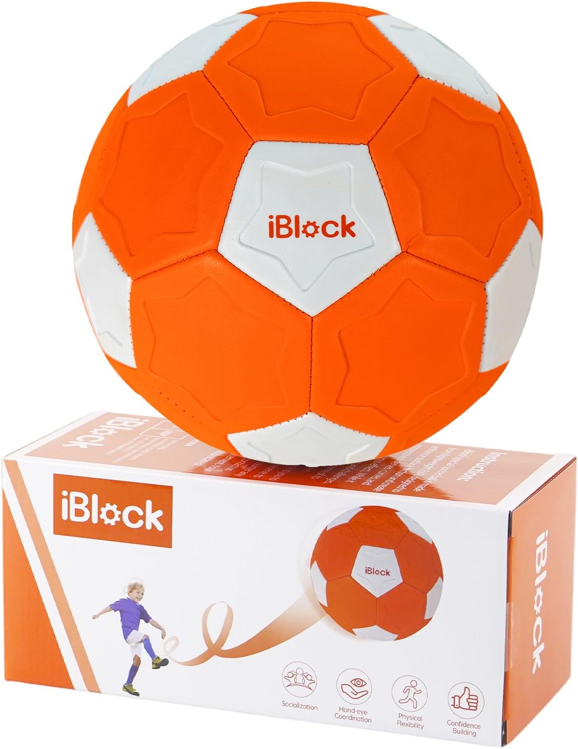 Children's Football, Soft Play Ball for Toddlers, Curve Ball for Tricks, Football Gift for Boys Girls, Ball Games for Indoor and Outdoor Use, Softball Size 4, Orange, with Pump