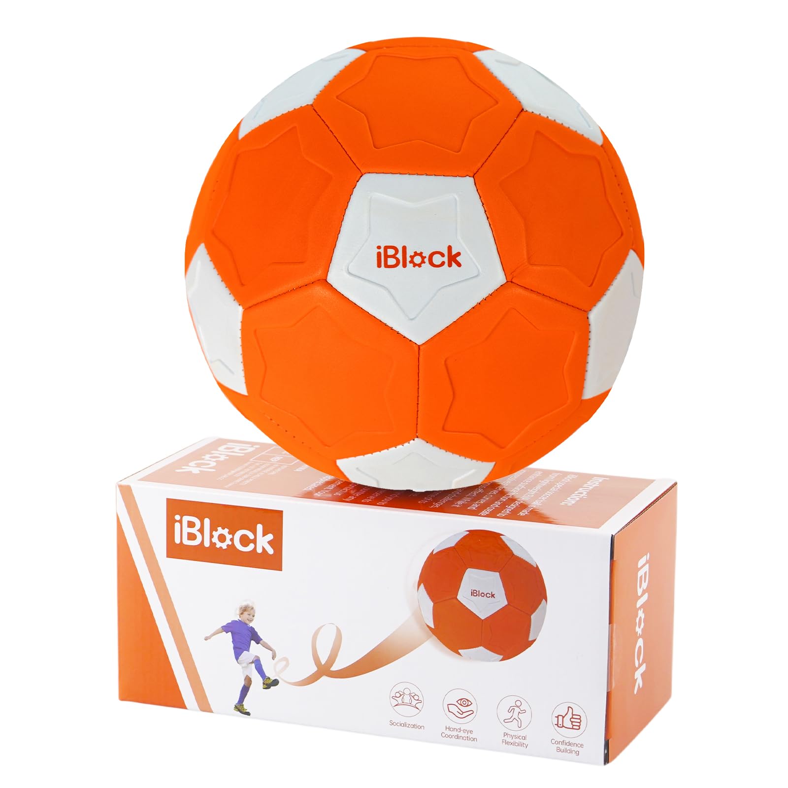 Children's Football, Soft Play Ball for Toddlers, Curve Ball for Tricks, Football Gift for Boys Girls, Ball Games for Indoor and Outdoor Use, Softball Size 4, Orange, with Pump