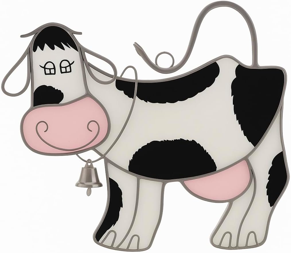 Stained Glass Cow Suncatcher – Stained Glass Black & White Cow with Painted Face and Spots – 5.5 x 5.5 Inches – Silver Plated Finish – Farmhouse Animal Decor by SassyXpressions