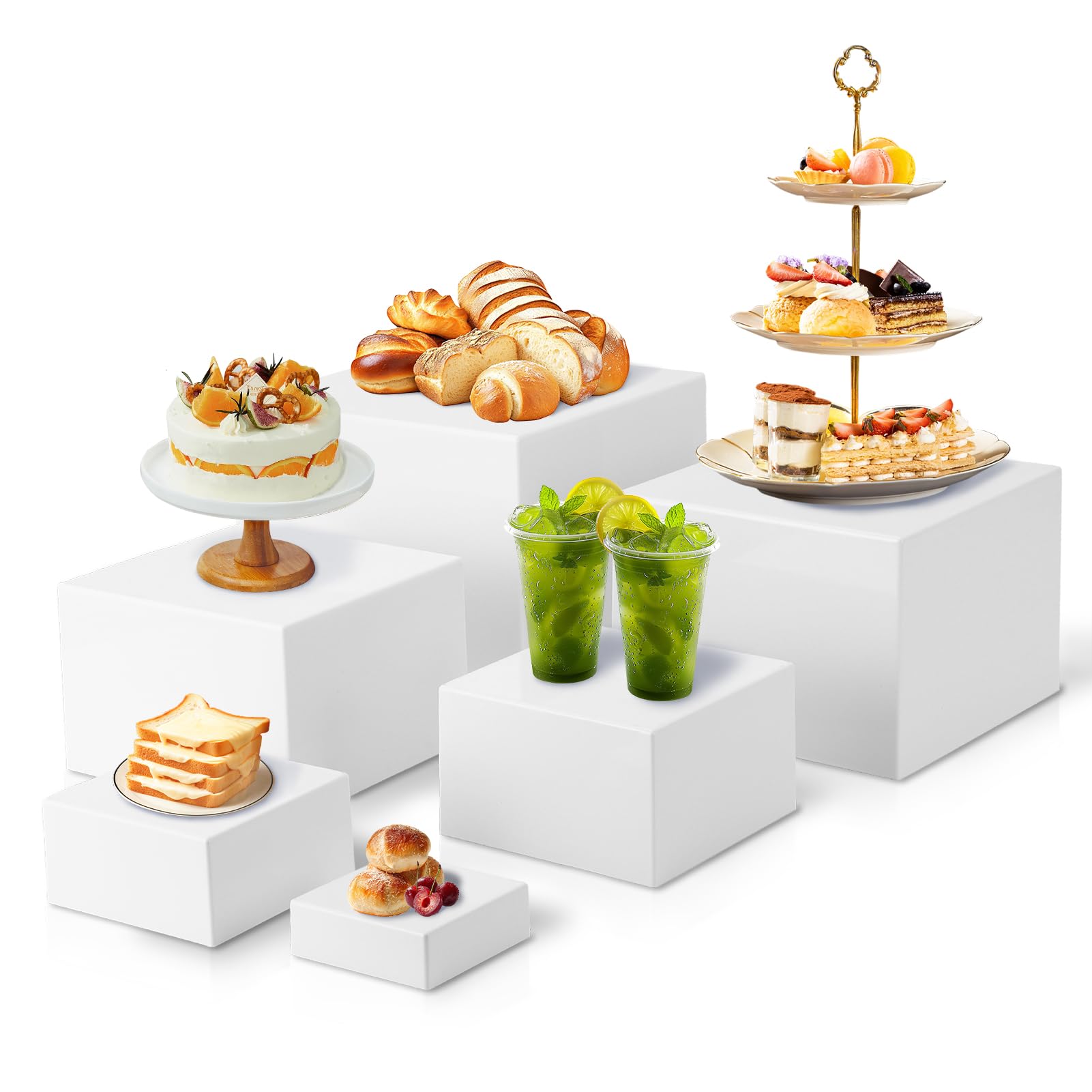Wakects Lot de 6 Support à Buffet, Presentoir a Gateau Cube Présentoir Acrylique Emboîtable avec Fonds Creux pour Desserts, Buffets, Cosmétiques, Pièces de Collection Display (Blanc)