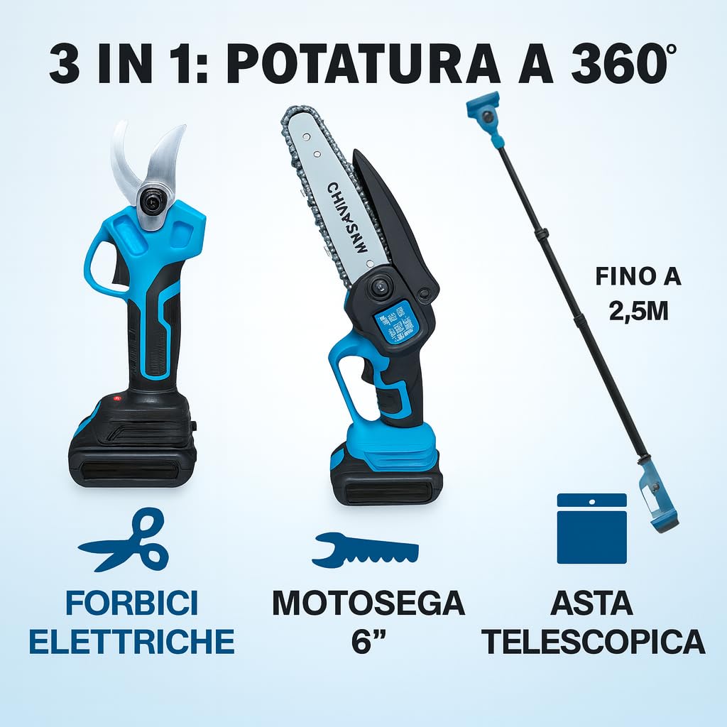 Kit Potatura Elettrico 3 in 1 con Asta Telescopica 2,5M, Forbici, Motosega 6" a Batteria, 2 Batterie 48V, Attrezzi Giardinaggio, Cesoia, Troncarami, per Rami, Alberi, Giardino, Vigneti, Orti
