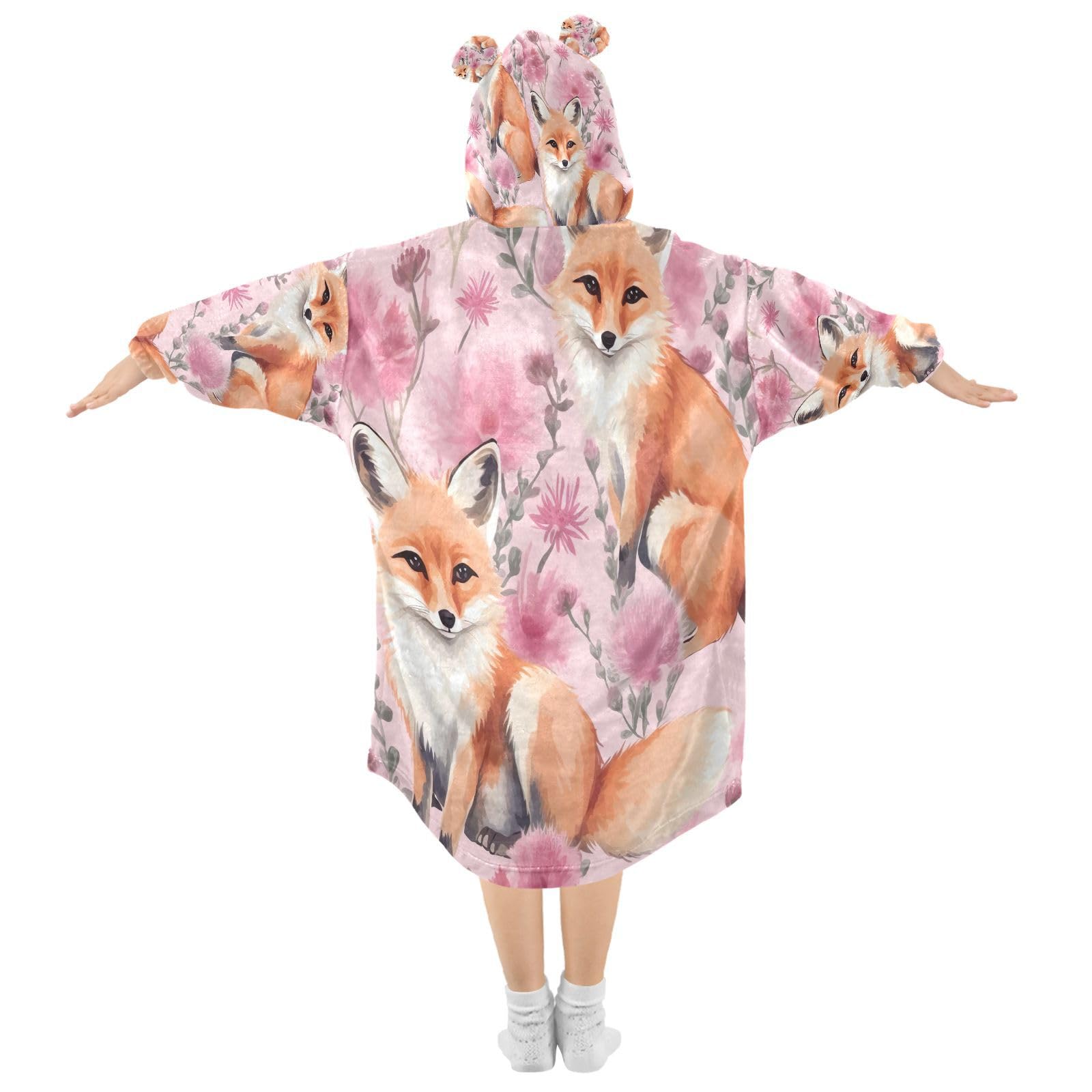 YANENDIE Fox in Flowers Wearable Blanket Hoodie for Kids 3-14 YR, Oversized Cozy Sherpa Sweatshirt Blanket With Pocket - Medium