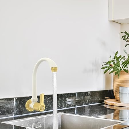 RN PTMT Superior Plastic Faucet Bib Cock with Flange for Kitchen Sink Water Tap Wall Mount | Sink Facuet Tap for Kitchen/Wash Basin (Ivory-Gold)_RNWIN06A09