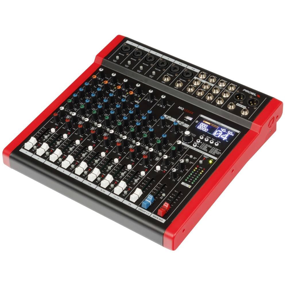 Proel MQ1222X - Mixer Professionale a 12 ingressi con 6 PreAmp Microfonici HQ + 99 FX + modulo Bluetooth/USB per Canto, Live e Karaoke.
