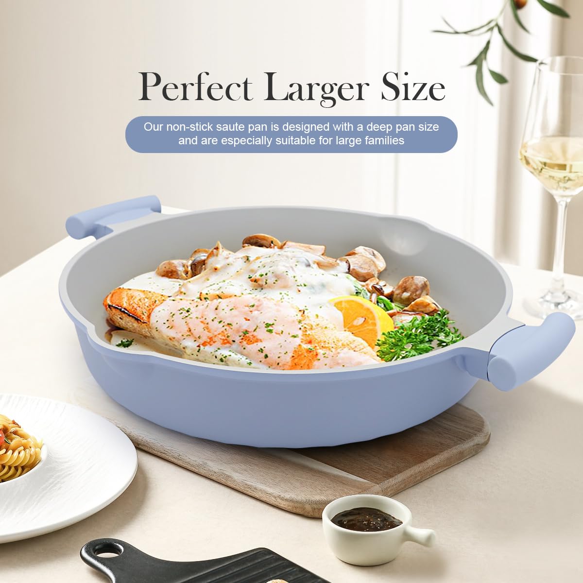 AIKENBBKK Padella in Ceramica 2 in 1 con Coperchio Padella con Rivestimento Antiaderente in Ceramica da 32 cm, Atossica, Senza PTFE e PFOA-Azzurro