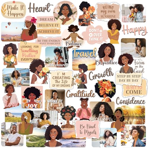 Koazava 50 Pcs Vision Board Stickers for Women, Positive Affirmation Stickers for Vision Board Supplies Kit, Inspirational Quote Journey Decal Sticker for Adults Planner Accessories (Black Girl)