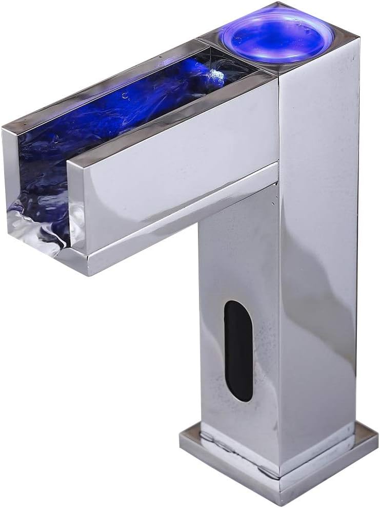 Fyeer Modern Basin Mixer Tap Hot & Cold Automatic Sensor LED Touchless Tap LED Light Waterfall Bathroom Bath Taps