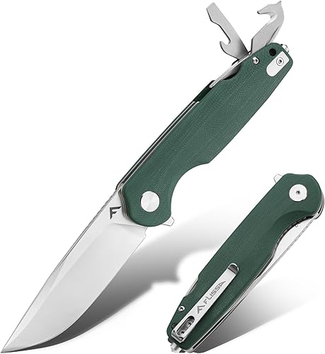FLISSA Cuchillo de bolsillo multiherramienta, hoja D2 de 3.3 pulgadas con mango G10, cuchillo plegable con bloqueo de revestimiento con