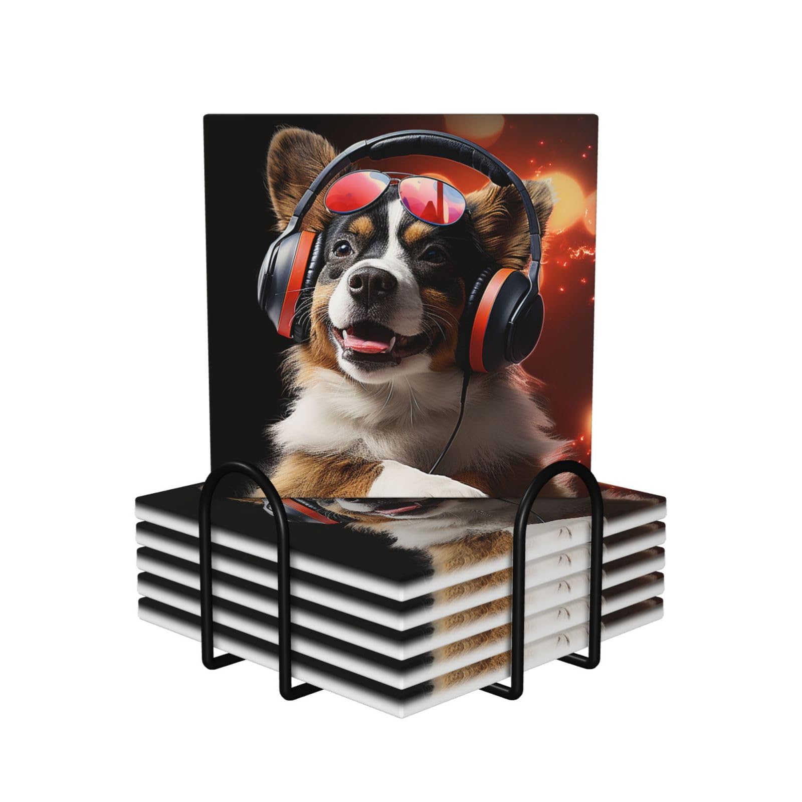 Dessous de verre absorbants en céramique lot de 6 avec support motif chien