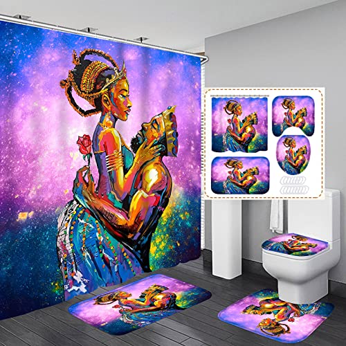 Traditional African American Shower Curtains For Bathroom, African Bathrooom Sets With Shower Curtain And Rugs, Black Girl Shower Curtain Bathroom Set (Violet) #TOP5
