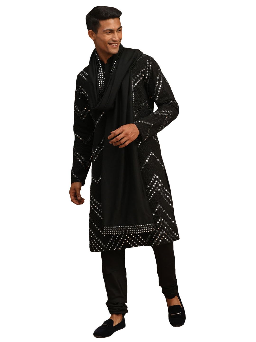 vastramay Men's Black Georgette Kurta and Pyjama Set | Mirror work Black Georgette Kurta With Pyjama and Dupatta-picture-47