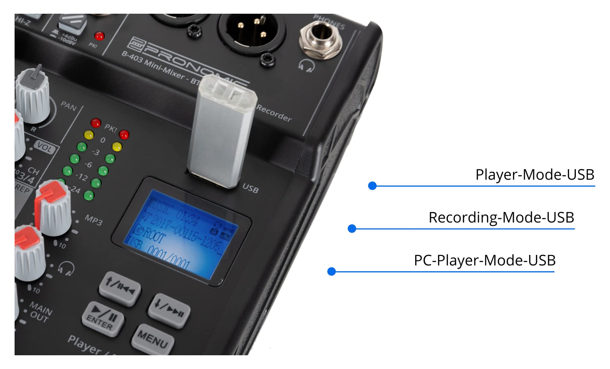 Pronomic B-403 Mini-Mixer mit Bluetooth und USB-Recording - Kompakter 4-Kanal Mixer - 2 Kanäle mit Combobuchsen, Phantomspeisung und Hi-Z Schalter - USB-Port - Main-Ausgänge im XLR-Format - Schwarz