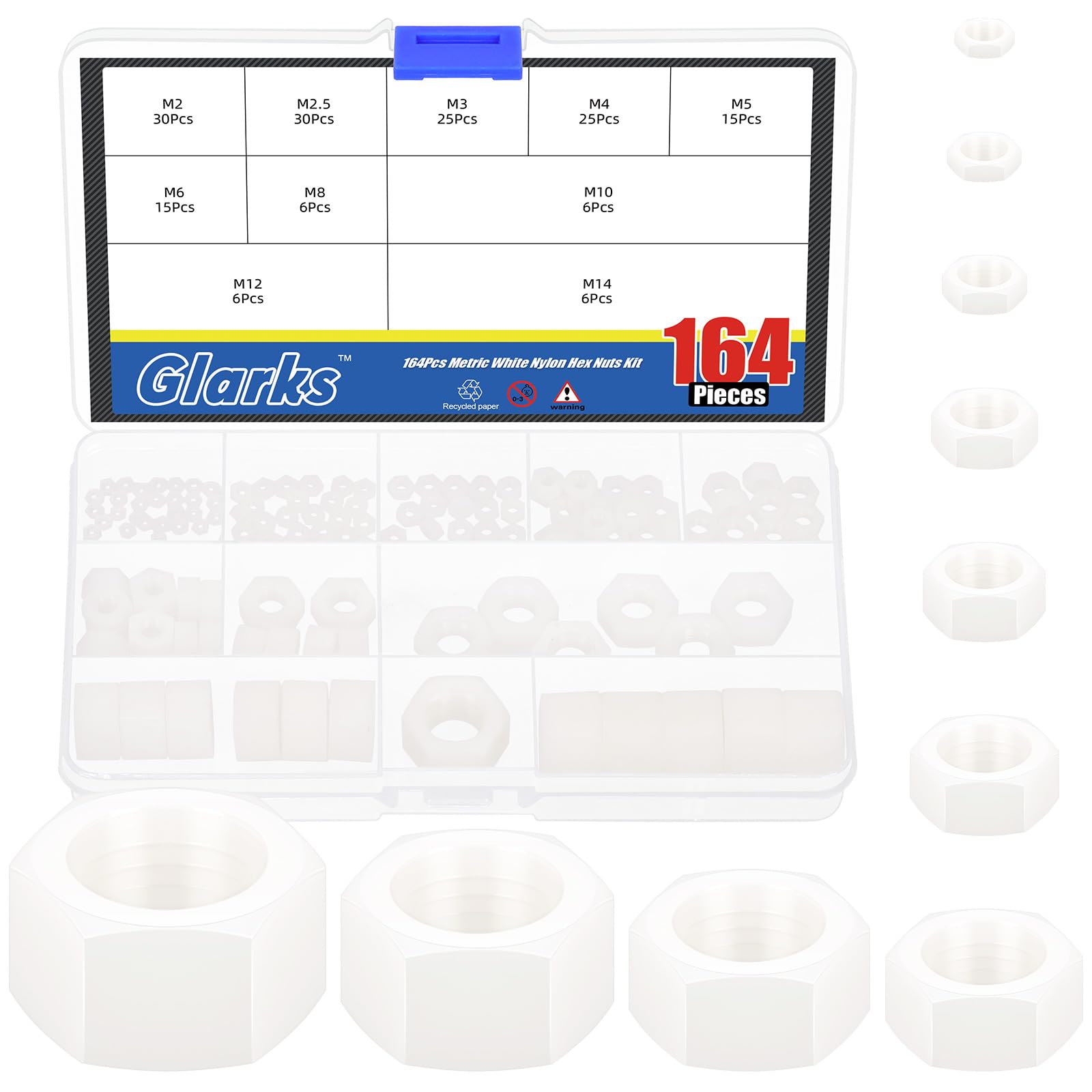 Glarks 164Pcs M2 M2.5 M3 M4 M5 M6 M8 M10 M12 M14 Metric White Nylon Hex Nuts Thread Plastic Fastener Hexagon Nuts for Industrial and Construction Fasteners