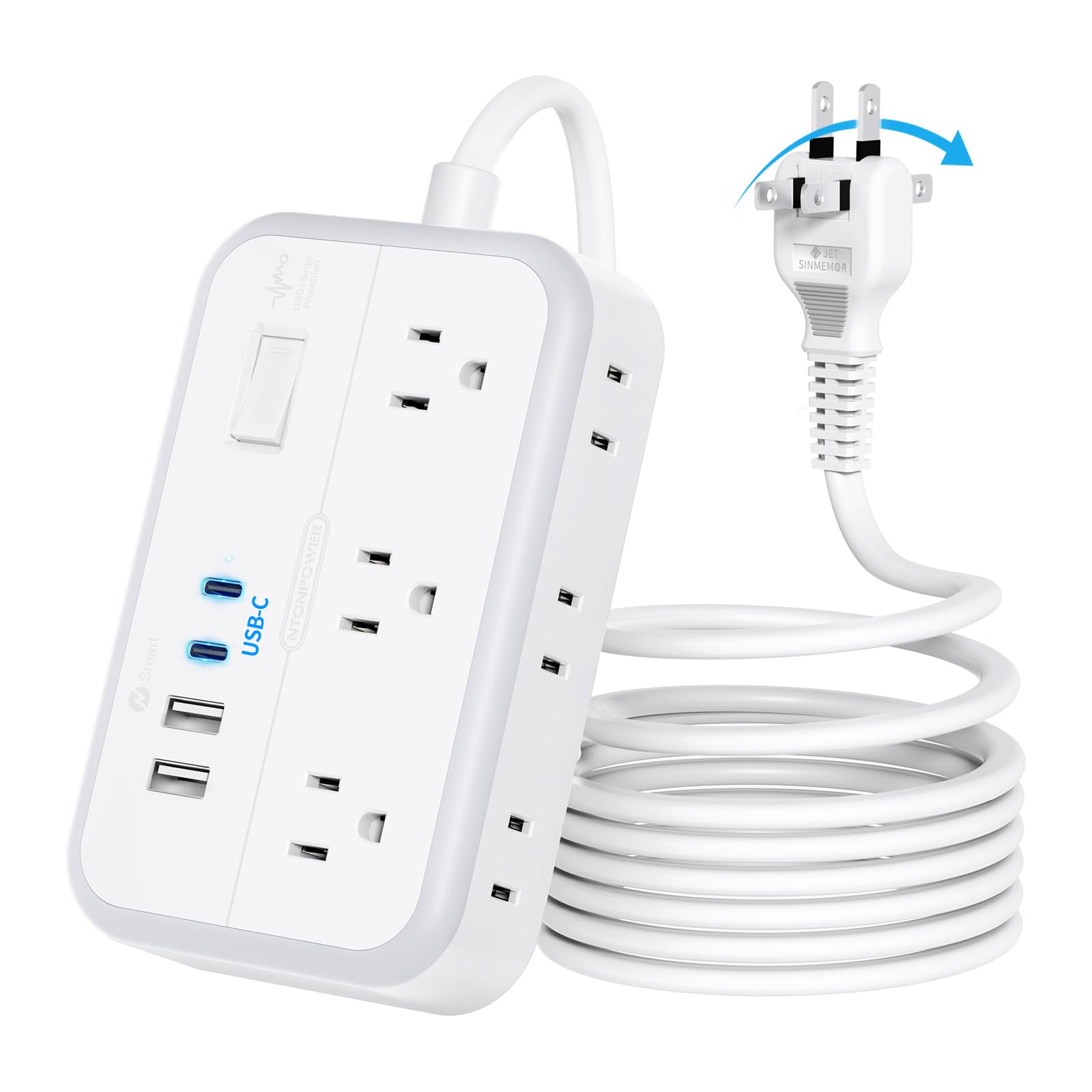 NTONPOWER 10FT Extension Cord 2 Prong, 2 Prong to 3 Prong Outlet Adapter, 1875W 2 Prong Power Strip with 4 USB Ports(2 USB C),Wall Mount Flat Plug Extension Cord Old House