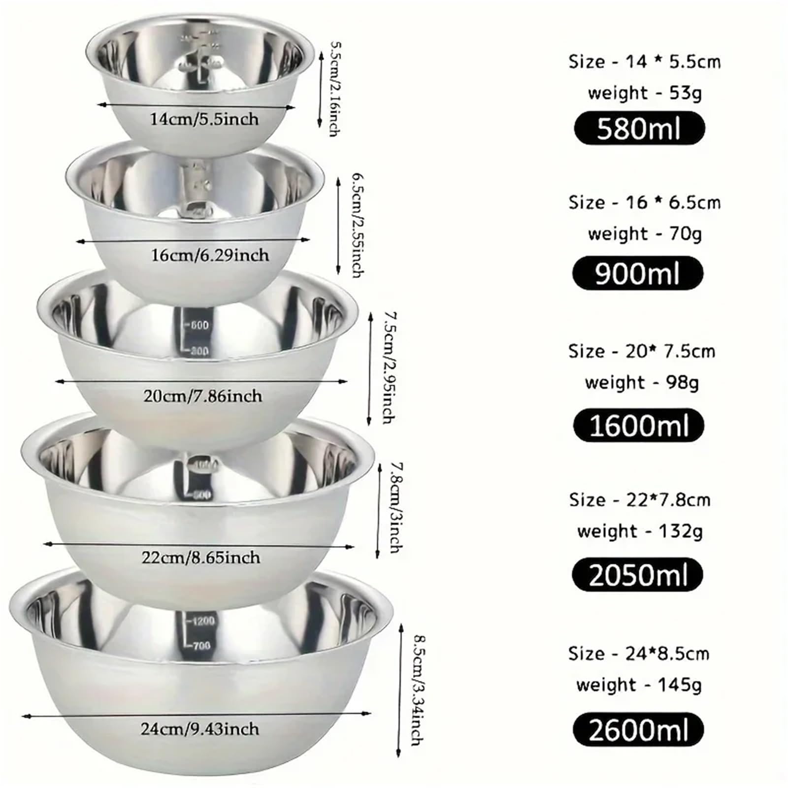 Edelstahlschüssel 5-teilige Rührschüssel aus Edelstahl, Kochschüssel, perfekt for Kochen, Backen, Vorbereiten, in der Küche zu Hause