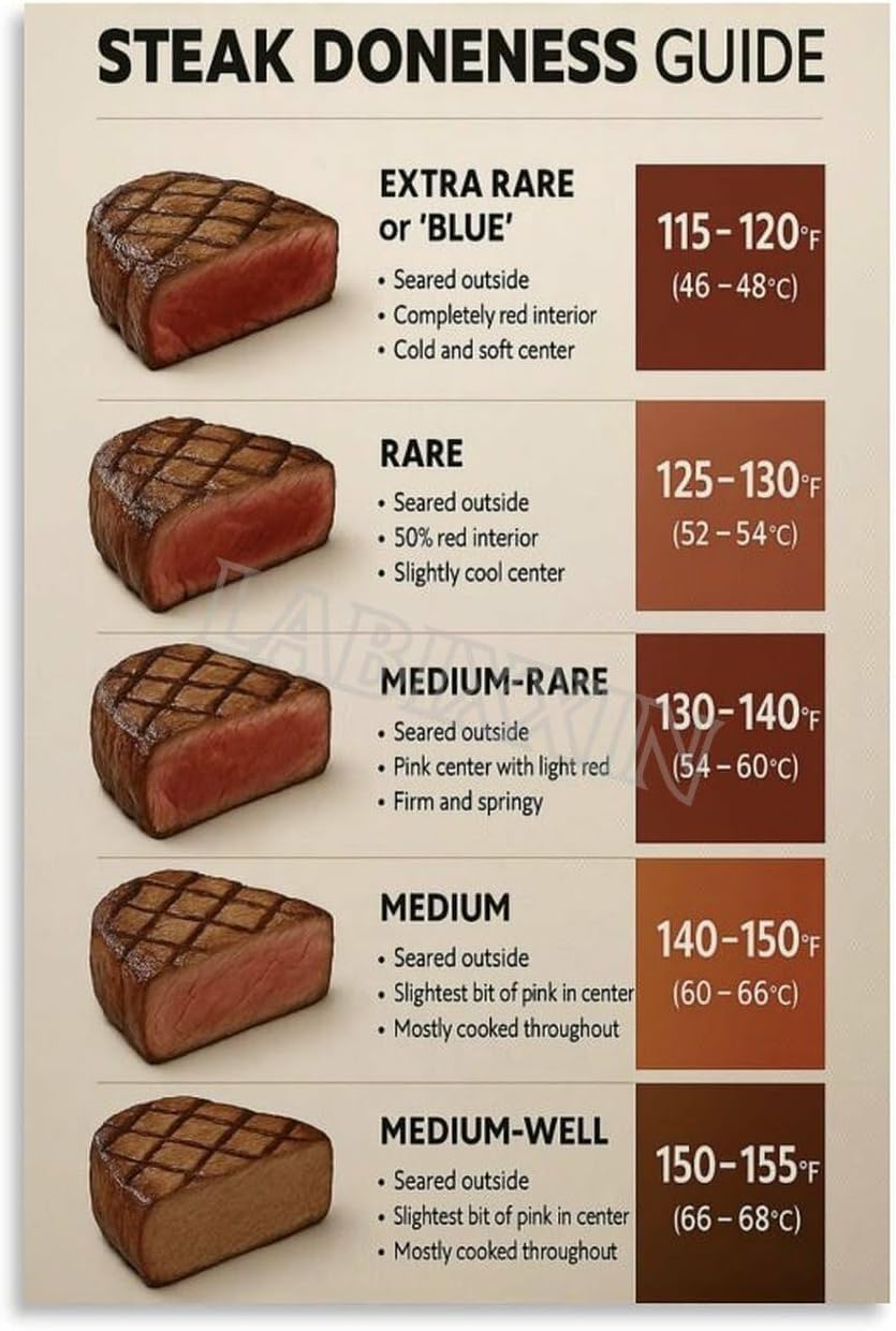 Steak Doneness And Temperature Guide Chart Poster Metal Tin Sign for Bedroom Living Room 8x12 inch