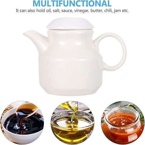 Miniatura 8 de DOITOOL Dispensador de vinagre de porcelana para salsa, jarra de cerámica con tapa, plato vertedor de salsa blanca, jarra de crema de café, jarra de