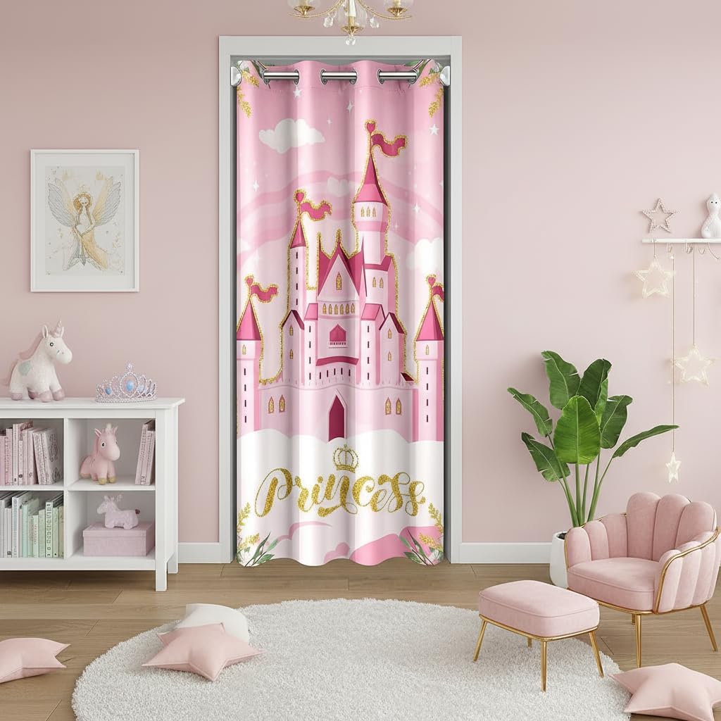 Manfei Princess Door Curtains for Girls,Pink Castle Dreamy Closet Door Curtains Kids Bedroom Decor,Flowers Door Cover Curtain,Fairy Tale Privacy Curtain Cover,Gifts for 4 Year Old Girl,W34 X L80