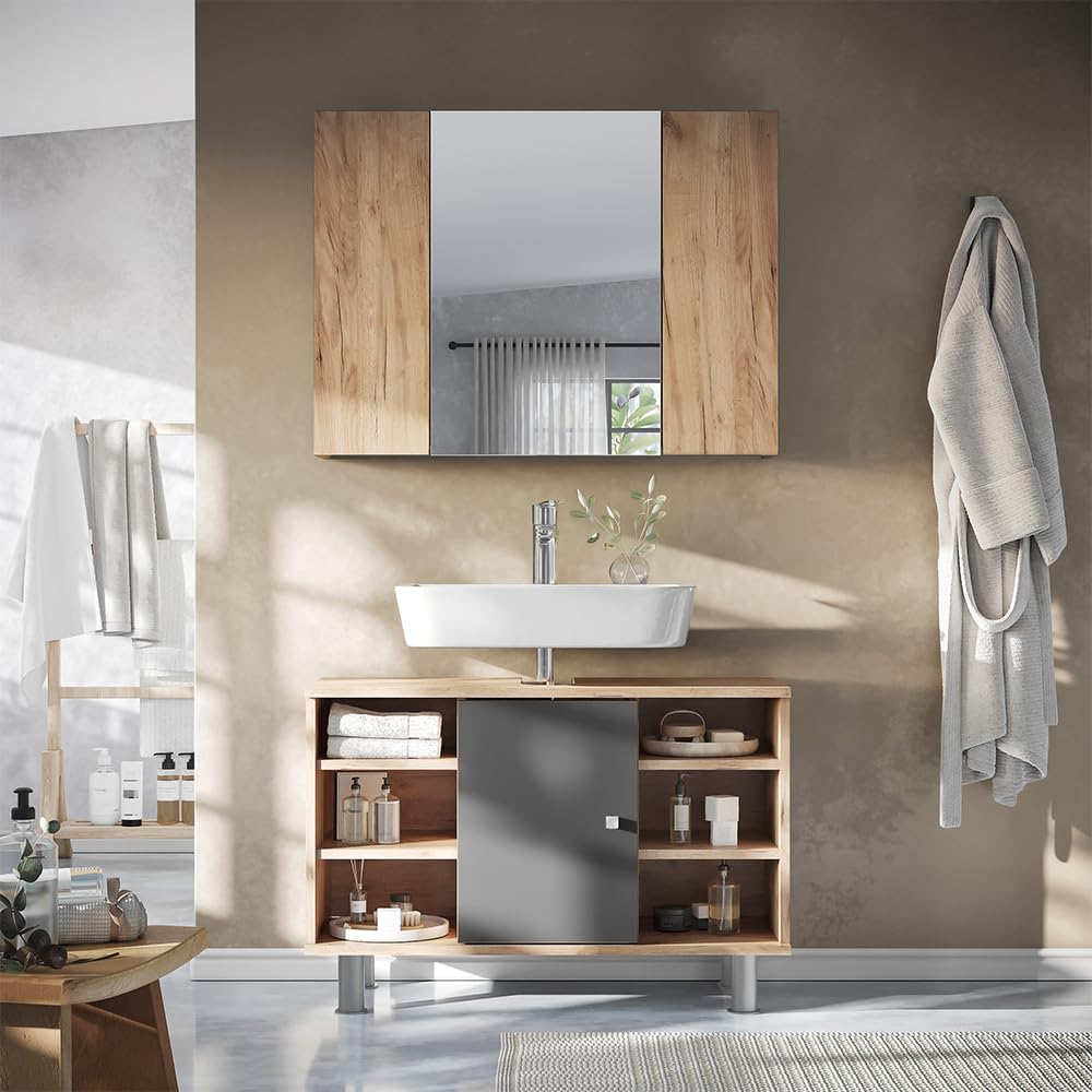 Vicco Specchio contenitore bagno Leopold, Rovere dorato, 80 x 59.2 cm con ripiani, che trova posto in ogni bagno