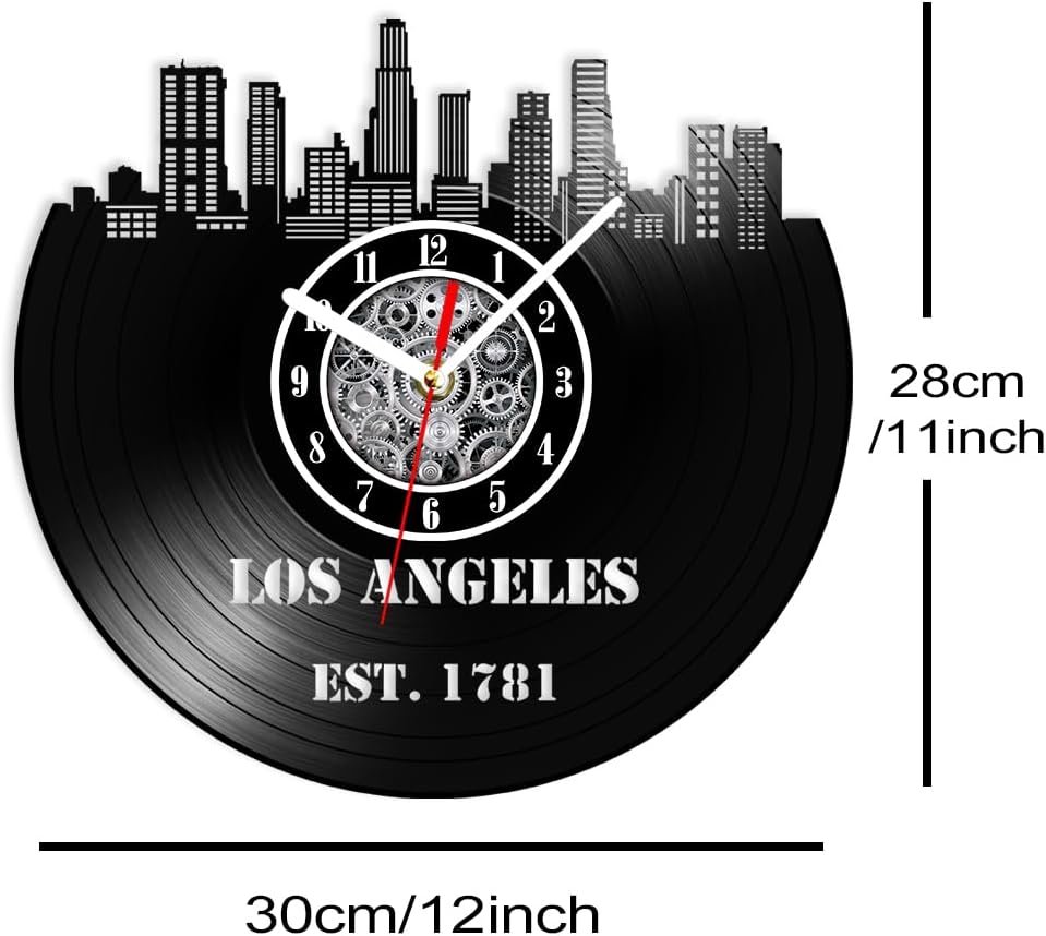 The Geeky Days Los Angeles Skyline Vinyl Record Wall Clock for Office Room US Cityscape Skyline Los Angeles Landmark Travel Home Decor Silent Timepieces Upcycled Music Album Handicrafts Wall Clock