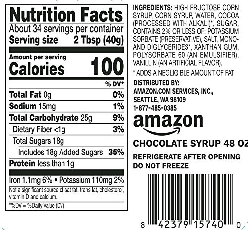 Image of Amazon Brand - Happy Belly Chocolate Syrup, 48 oz, 3 Pound (Pack of 2)