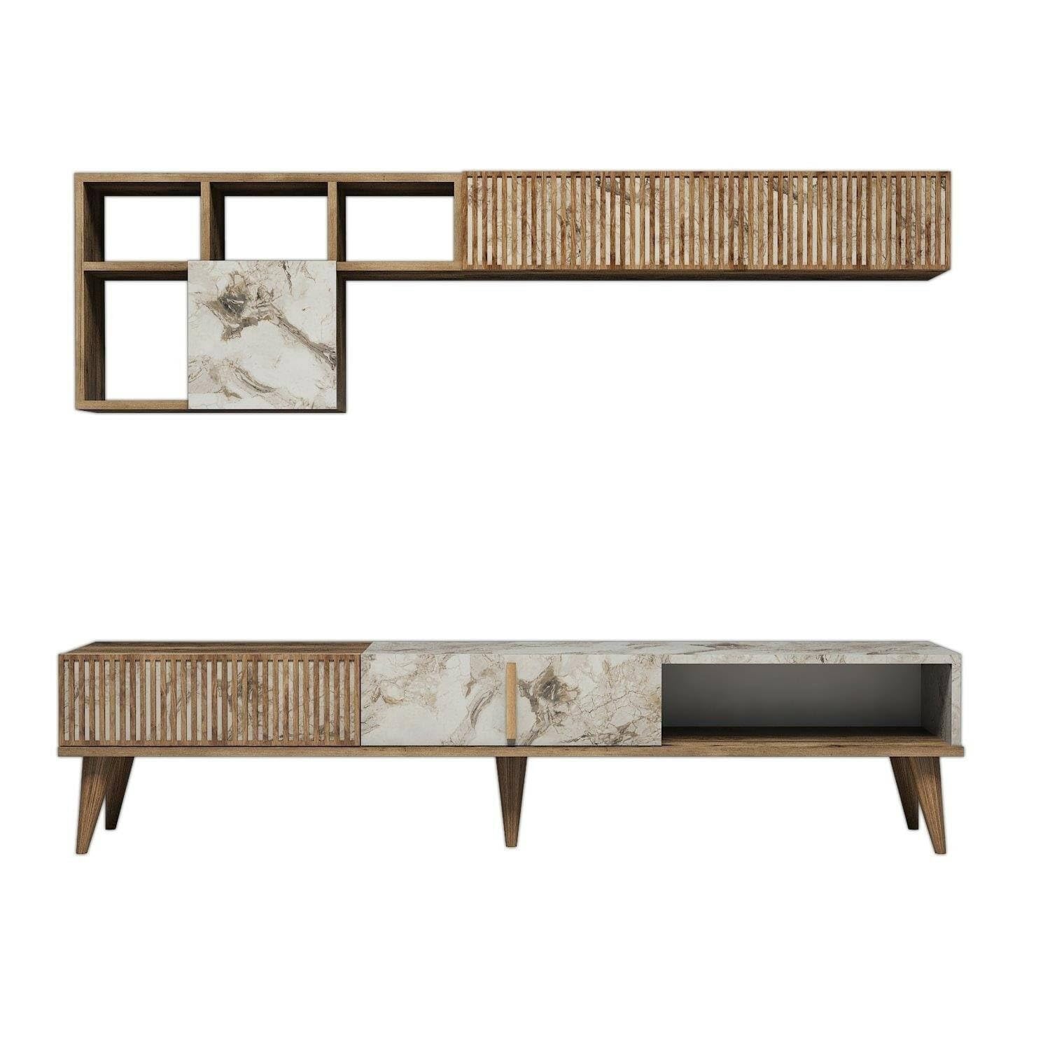 Dmora Parete attrezzata Gemini, Composizione Soggiorno, Mobile Salotto Multiuso, Armadio Porta TV, 180x35h40 cm, Noce e Bianco Marmo
